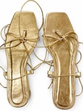 Zara Metallic Gold Lace-Up Square-Toe Flat Sandals size 41